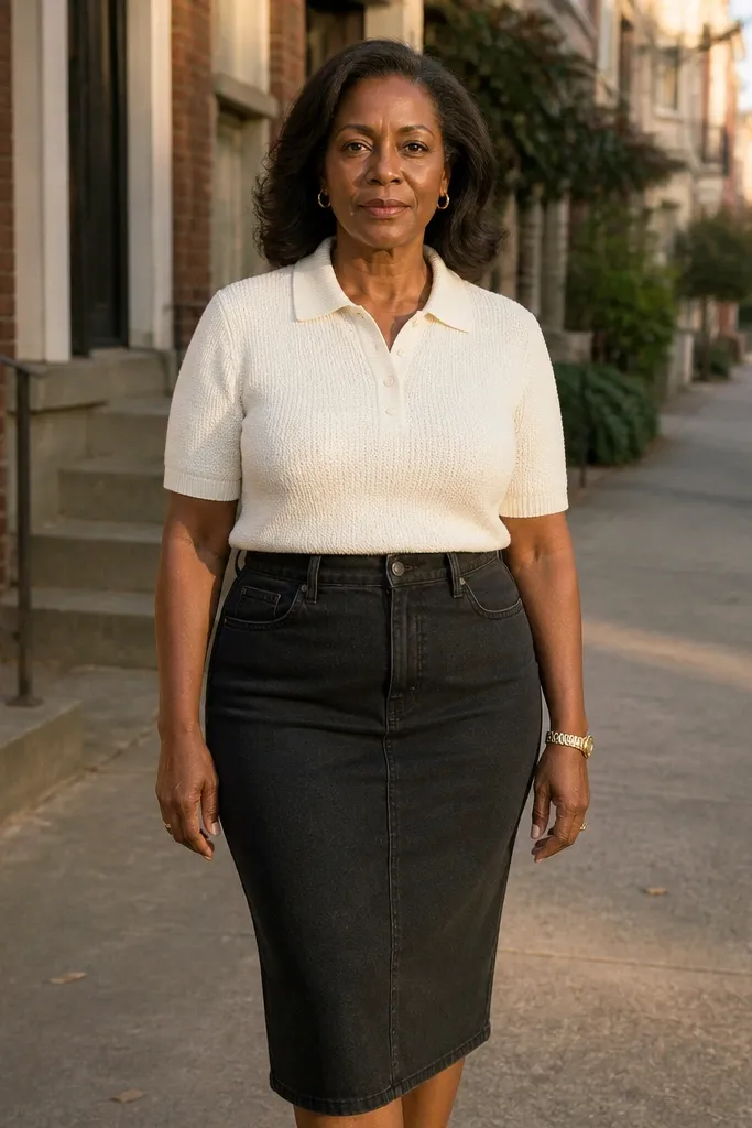 Black denim pencil skirt with a white knit polo and black loafers