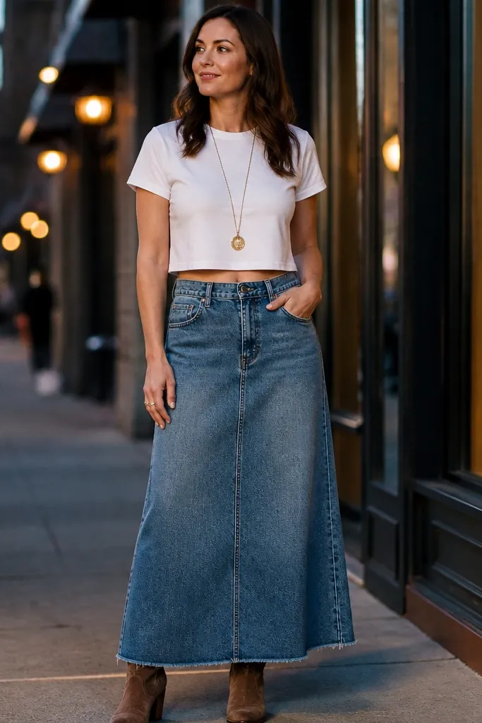Stonewashed denim maxi skirt with a cropped white tee and a long pendant necklace