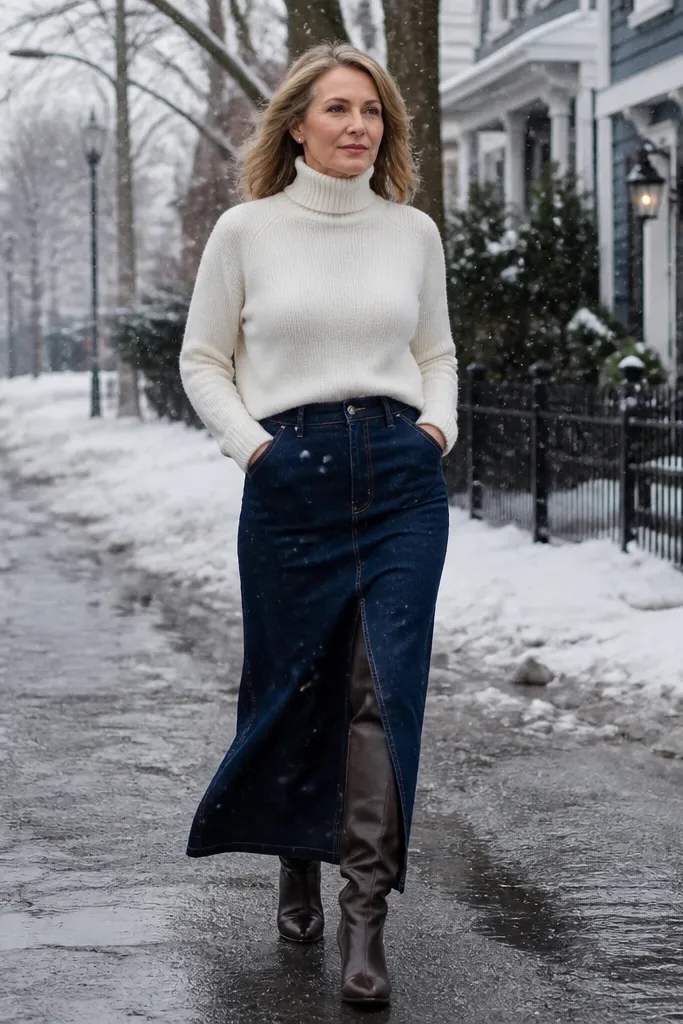 Off-white turtleneck sweater with dark denim maxi skirt and tall brown boots