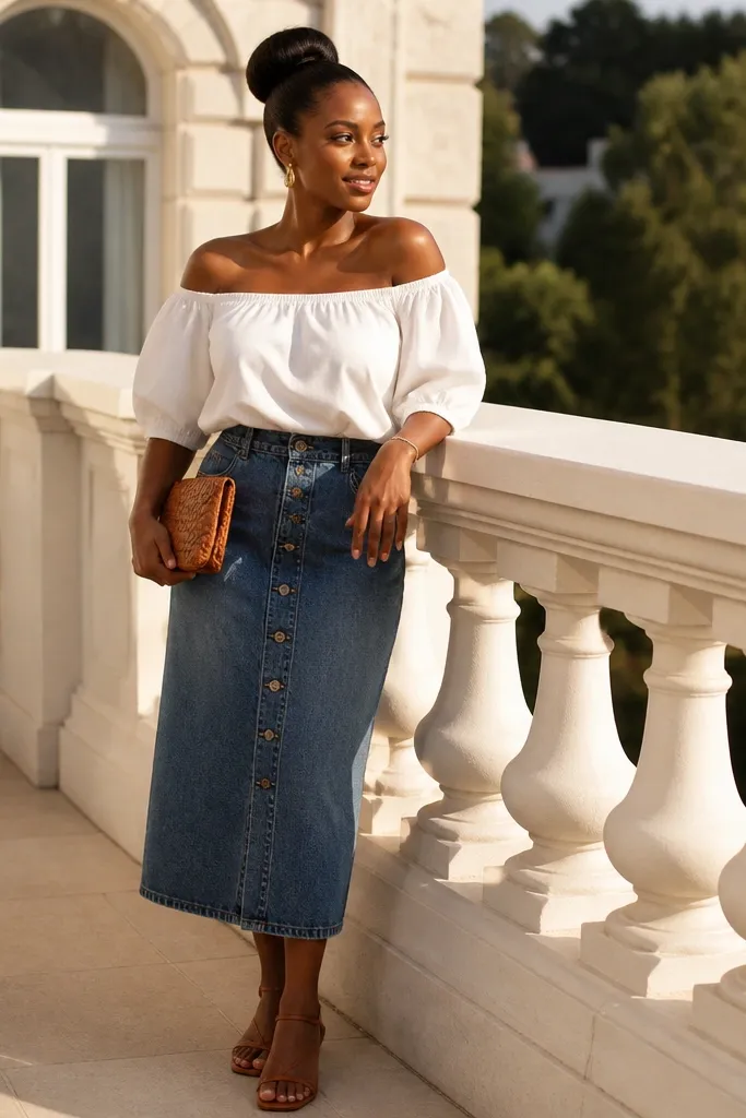 Medium-wash button-front denim skirt with a white off-shoulder blouse and nude heels