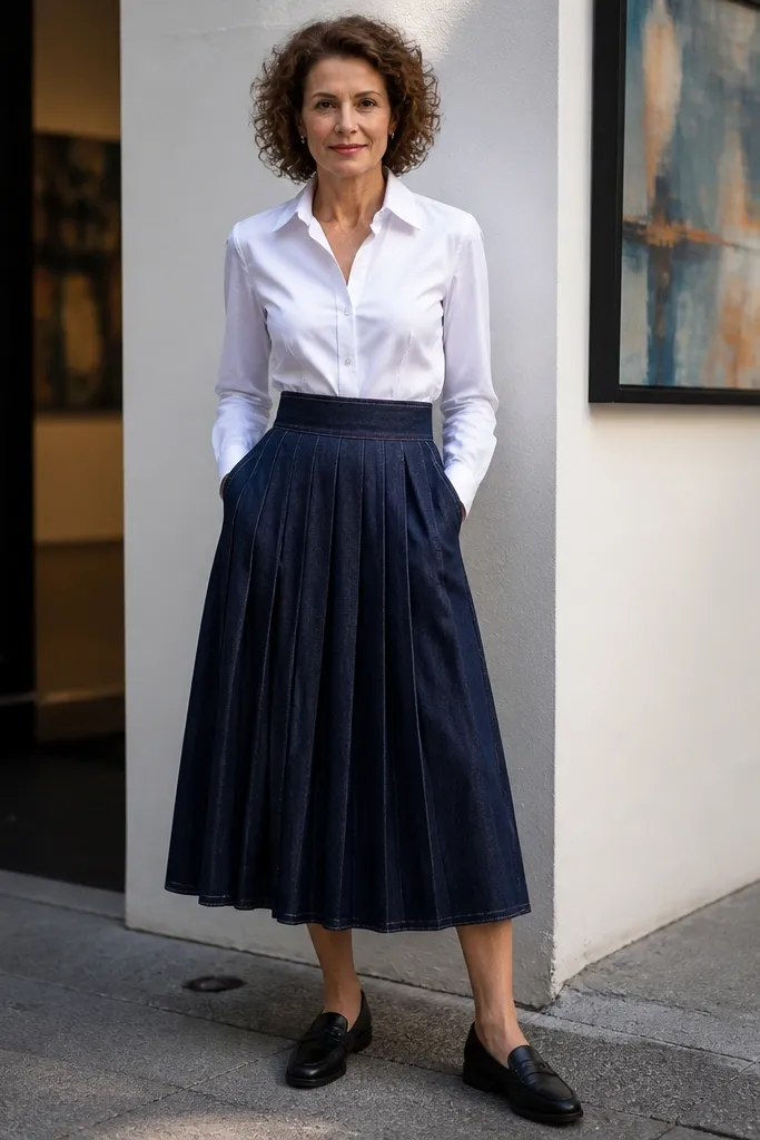 High-waist dark pleated denim skirt with a white tailored shirt and black loafers