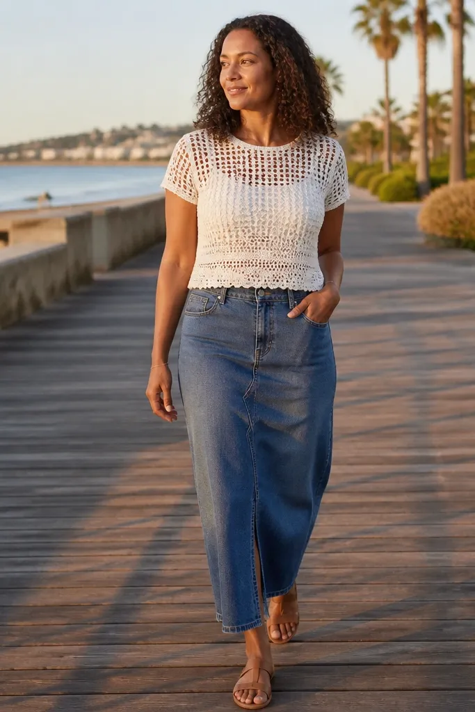 White crochet top with a medium-wash denim midi skirt and tan sandals