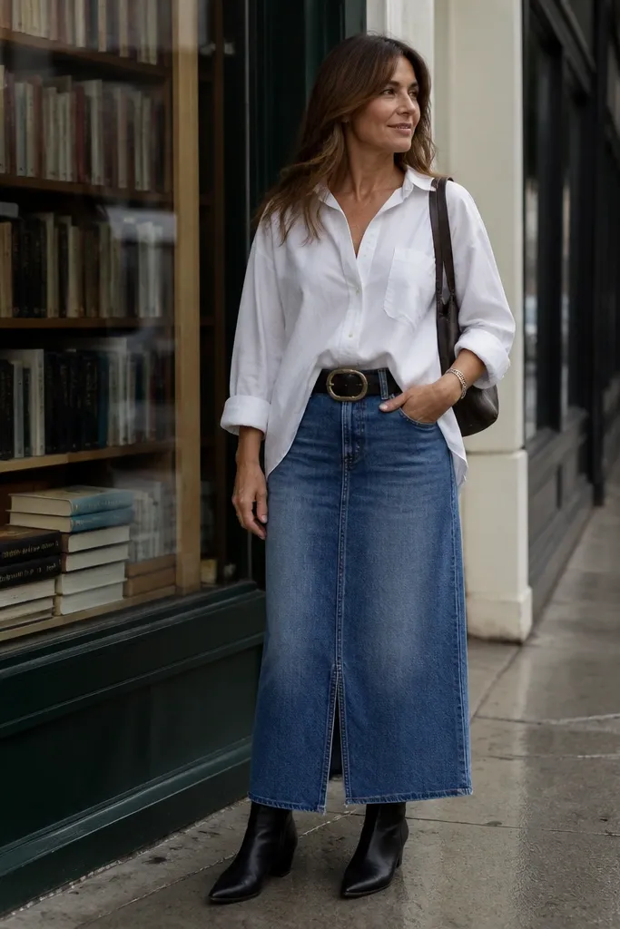 Oversized white shirt with front tuck into denim skirt and a belt