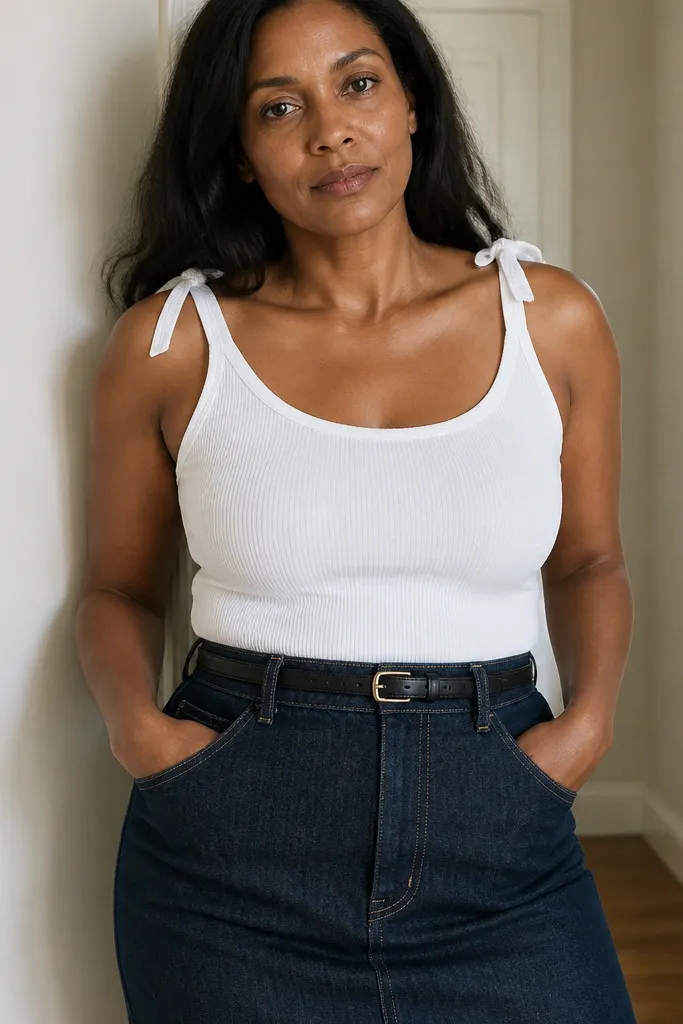 White tie-strap tank with a dark high-rise denim skirt and a thin belt