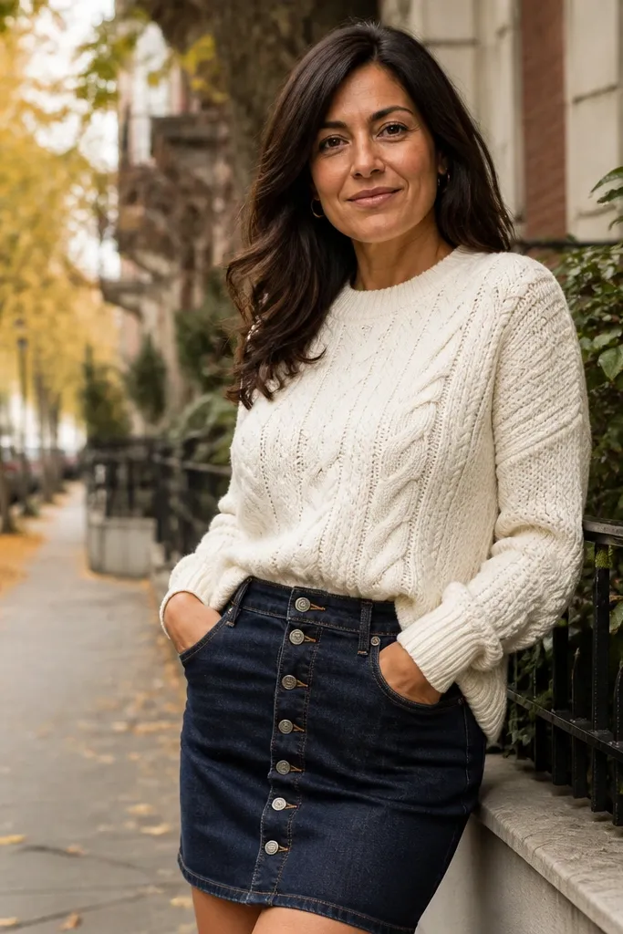 White cable-knit sweater with dark button-front denim skirt and ankle boots