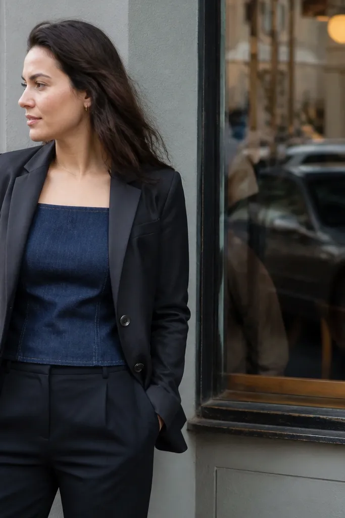 Dark indigo denim tank with charcoal blazer, black trousers, and black loafers