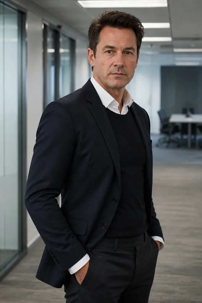 Black denim tank under a navy blazer with a white shirt peeking at the collar and cuffs