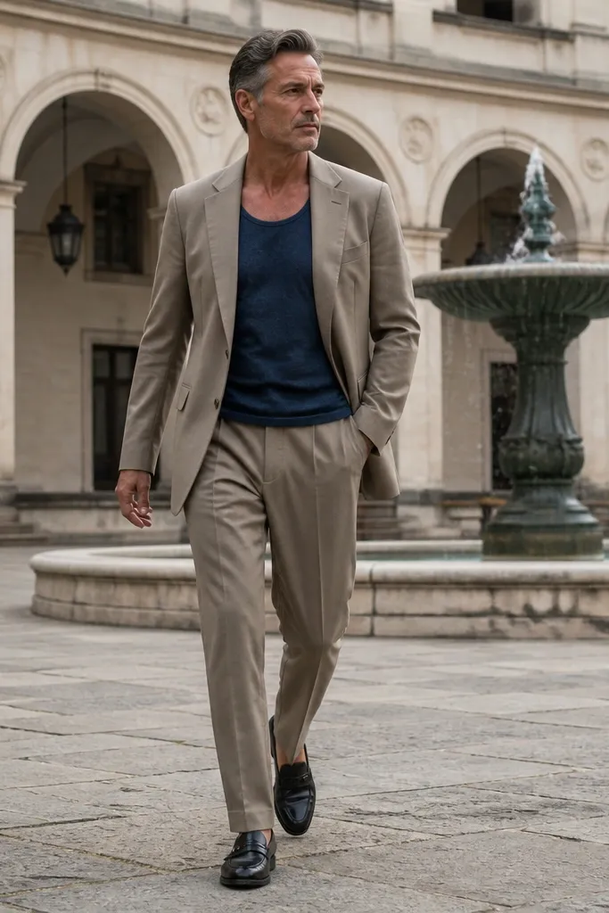 Indigo denim tank under a longline blazer with straight-leg khaki trousers and brown shoes