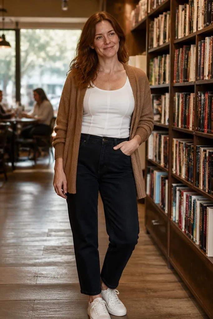 White denim tank with camel cardigan and dark jeans, styled with clean white sneakers