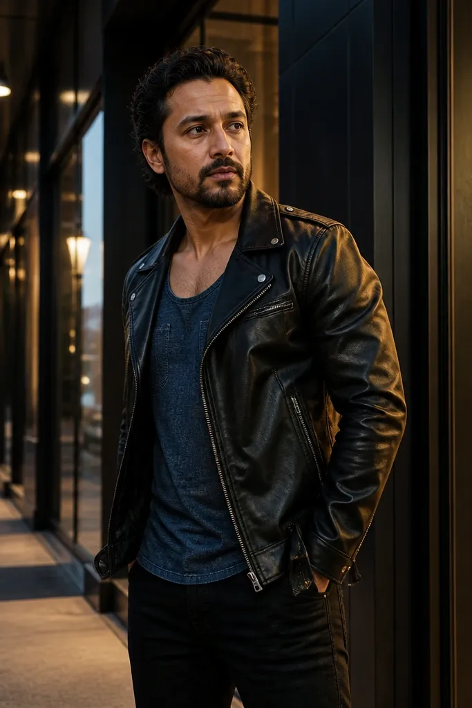 Indigo denim tank under a black moto jacket with straight black jeans and black boots
