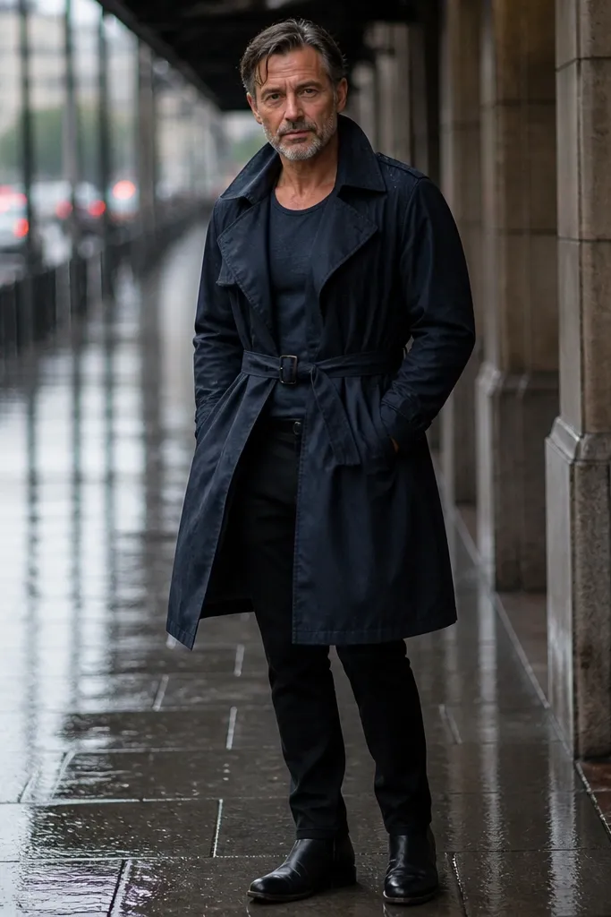 Denim tank under a tailored trench coat with slim black ankle pants and sleek heels