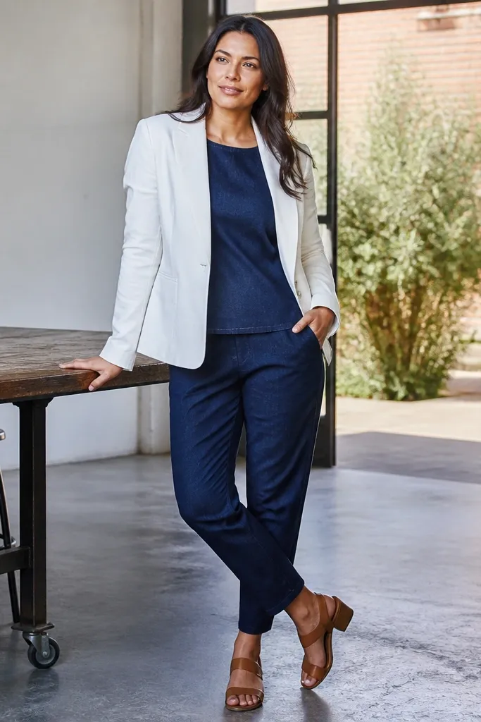 Indigo denim tank with white blazer and indigo cropped trousers with tan loafers