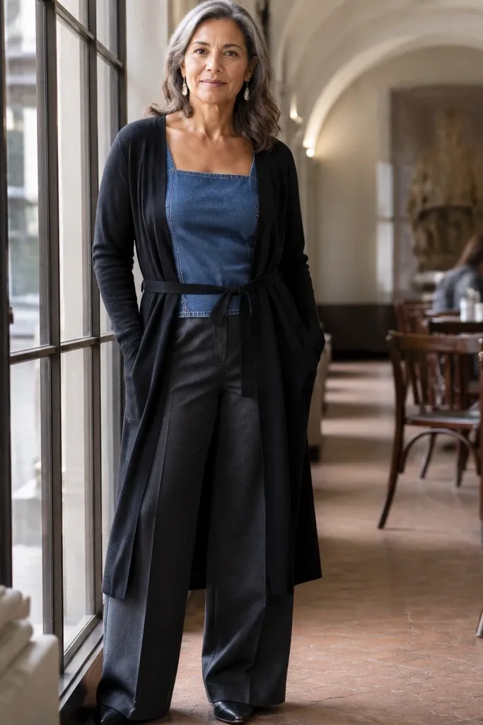 Denim tank under a black long cardigan with tailored wide-leg trousers and black flats