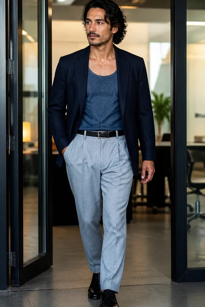 Indigo denim tank with navy blazer and light-gray pleated trousers, styled with brown loafers