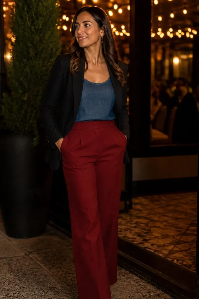 Indigo denim tank with black blazer and red trousers, styled with black loafers