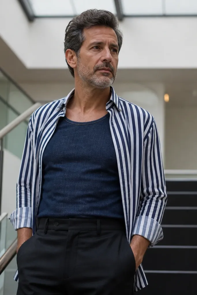 Indigo denim tank with an open striped button-down and dark slacks, styled with leather loafers