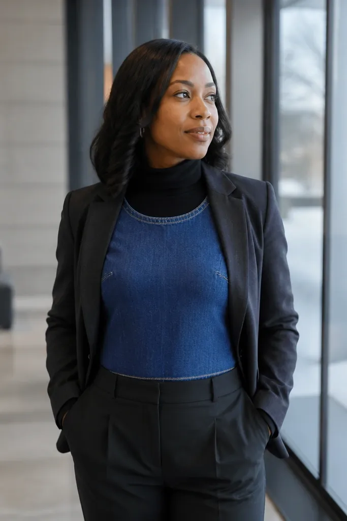 Indigo denim tank with a long-sleeve mock neck peeking out and a blazer, plus dark trousers