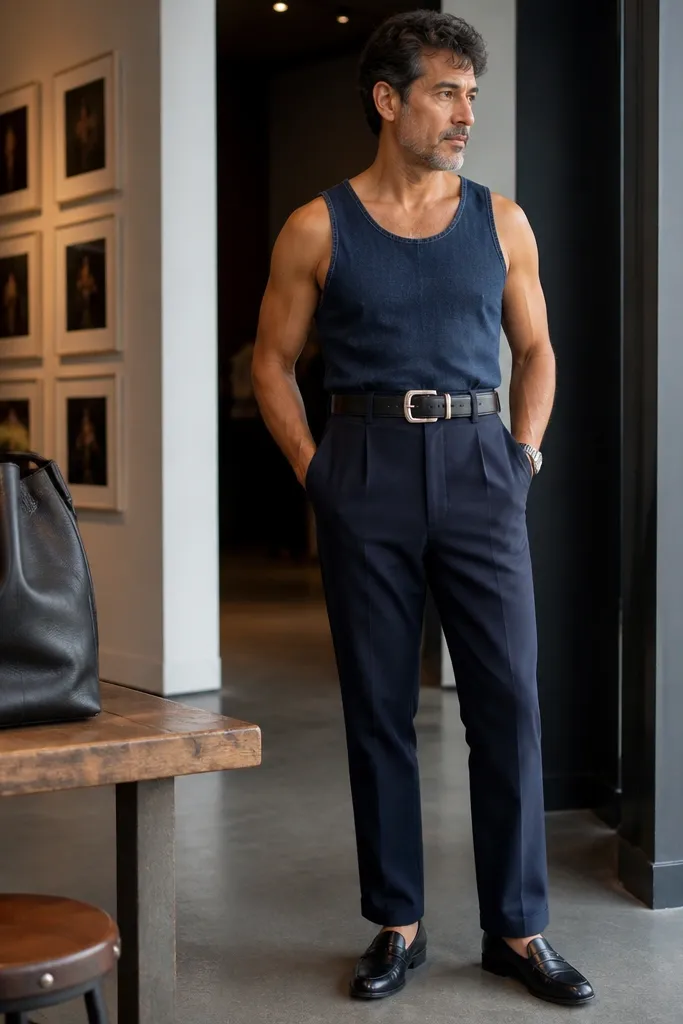 Denim tank styled with a tailored belt over dark high-waist pants and loafers