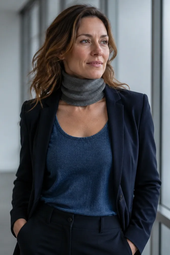 Indigo denim tank with a fitted neck scarf and blazer, paired with dark trousers