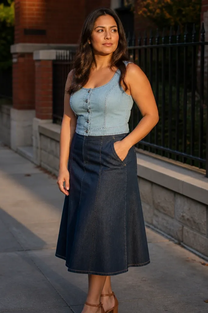 Light wash denim button shirt with dark denim A-line midi skirt and white sneakers