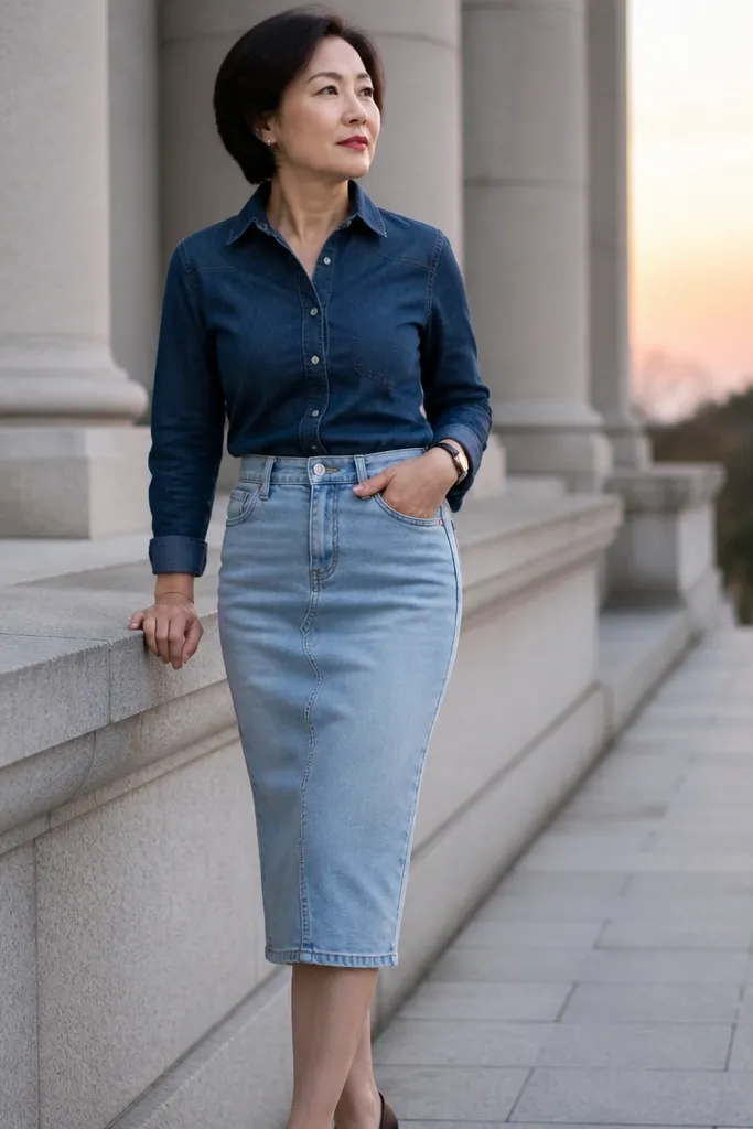 Dark wash denim shirt tucked into a light wash pencil skirt with black boots