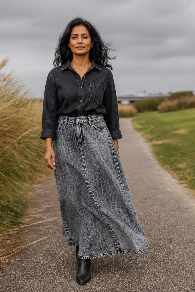 Washed black denim top with stonewash maxi denim skirt and chunky sneakers