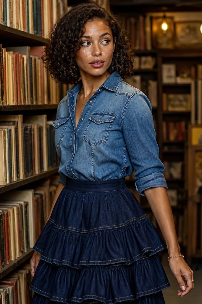 Vintage fade denim top with indigo tiered skirt and tan sandals