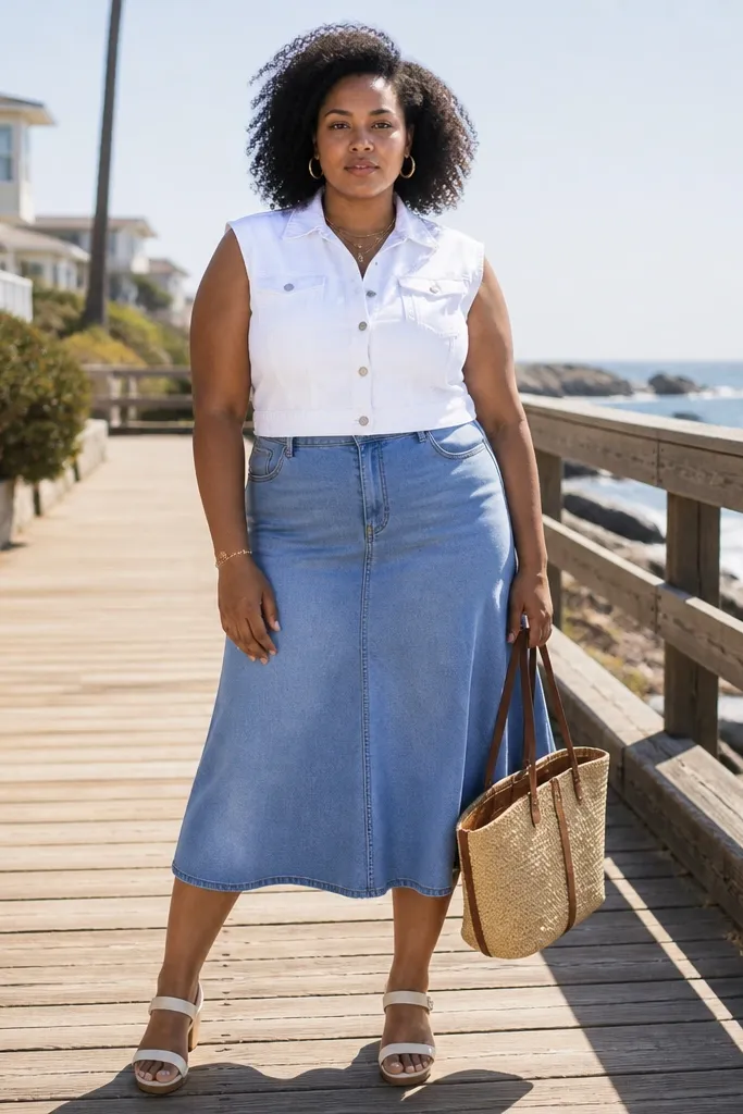 White denim top with light blue denim skirt and clean white sneakers