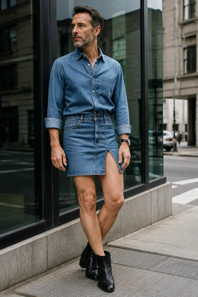 Rinse wash denim top with high-rise denim mini skirt and black strappy heels