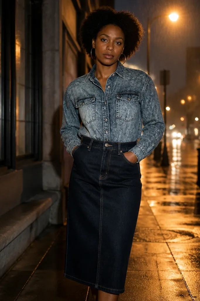 Acid wash denim top with dark wash midi skirt and silver hoop earrings