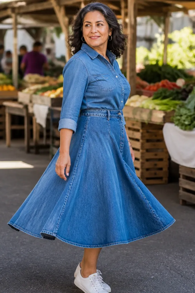 Indigo chambray shirt tucked into a medium wash denim skater skirt and white sneakers