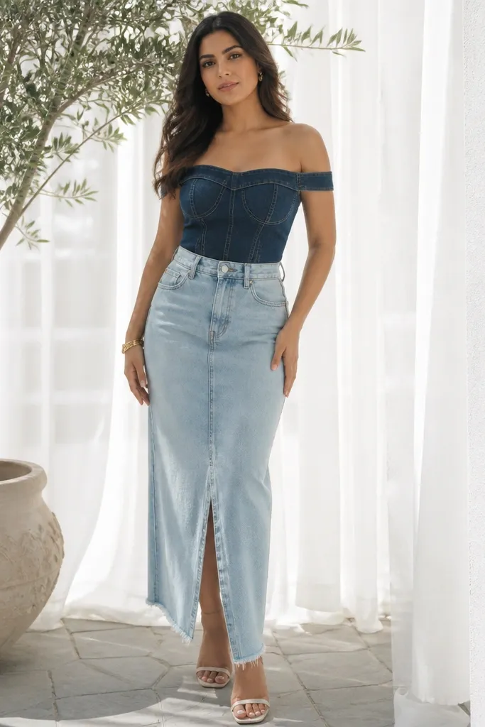 Dark denim off-shoulder top with light wash high-rise denim skirt and tan sandals