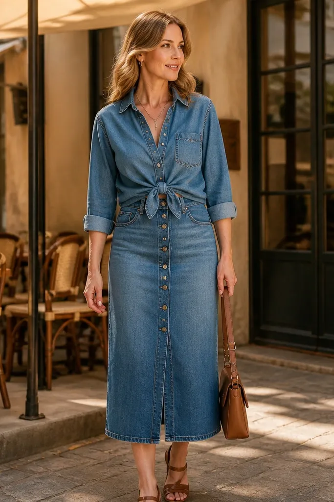 Chambray tie-front top with medium wash button-down denim skirt and brown loafers
