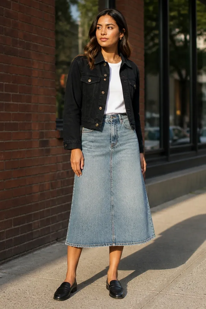 Black denim crop jacket over a light wash A-line denim skirt and white sneakers