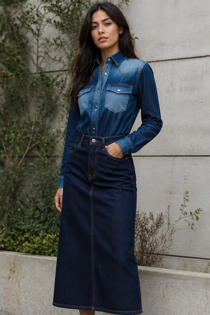 Two-tone denim top with whisker fading and dark solid denim midi skirt