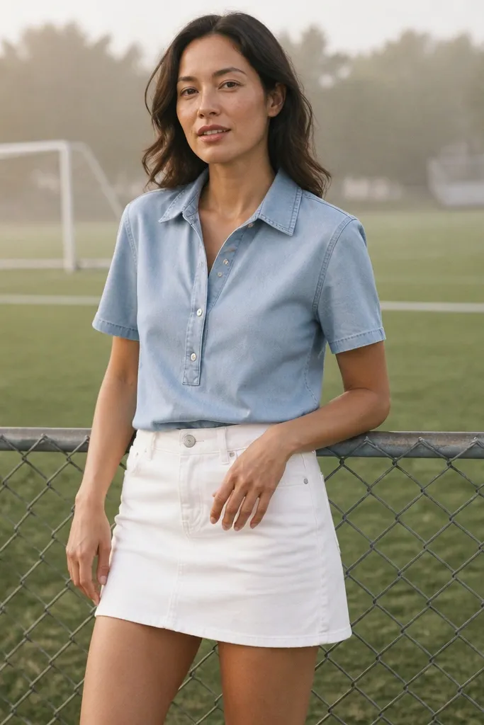 Light wash denim polo shirt with white denim mini skirt and white sneakers