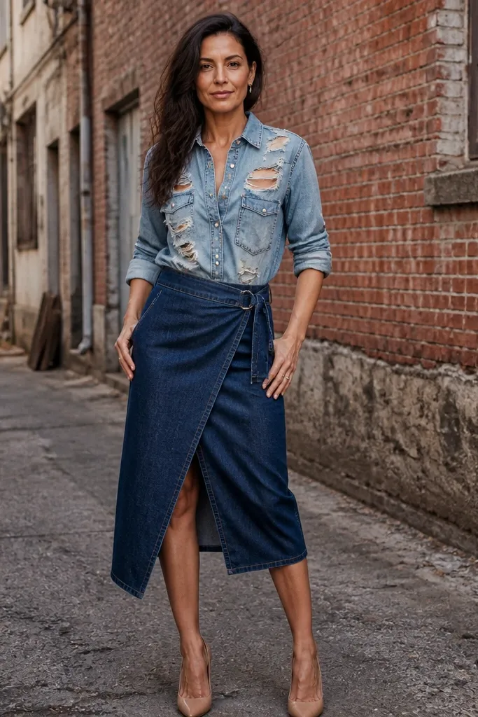 Light wash ripped denim top with dark wash wrap midi skirt and black combat boots