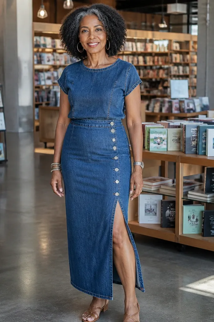 Medium wash denim top with side button slit denim skirt and heeled sandals