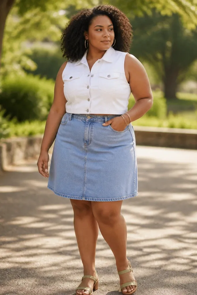 White denim top with sky blue A-line denim skirt and tan espadrilles