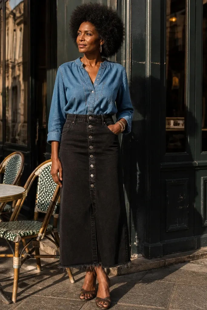 Faded blue denim top with black denim skirt and button fly detail and loafers
