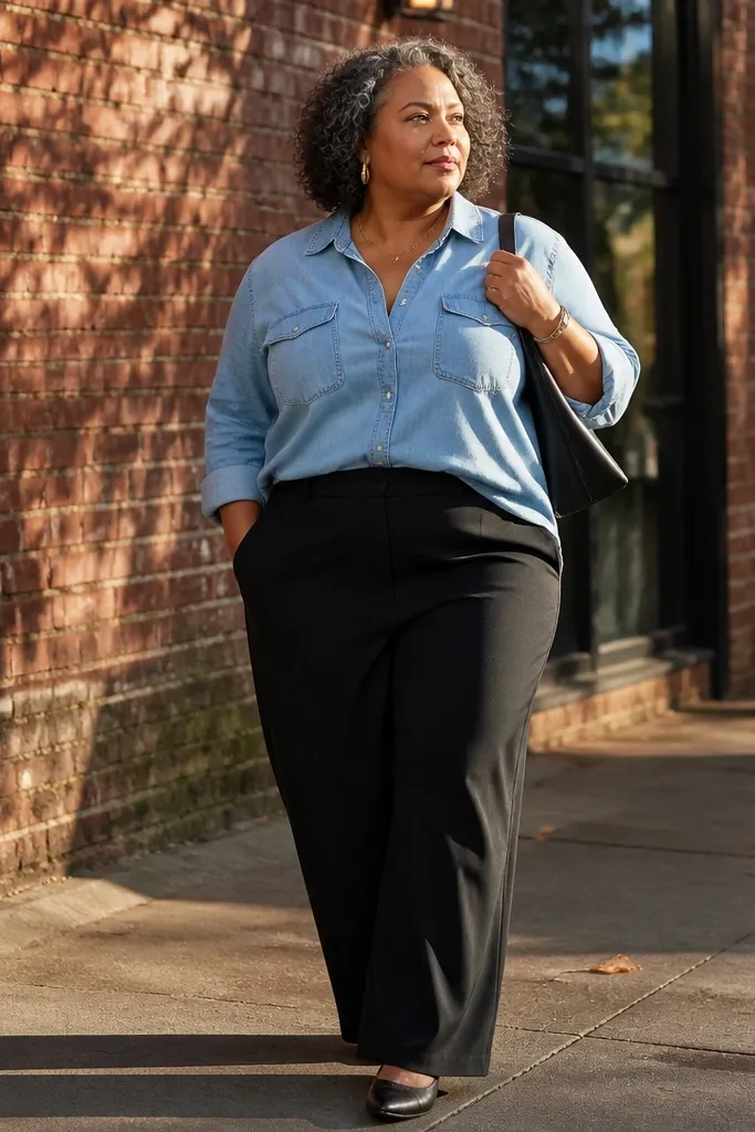Light denim button-down with black wide-leg trousers and brown loafers