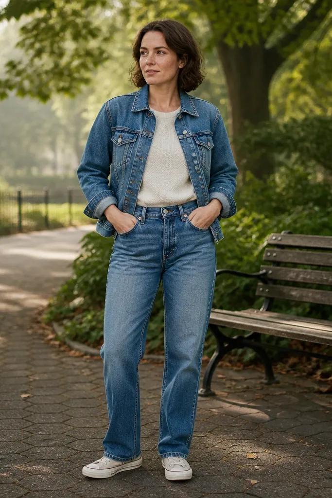 Mid-wash denim jacket over cream tee with straight jeans and white sneakers