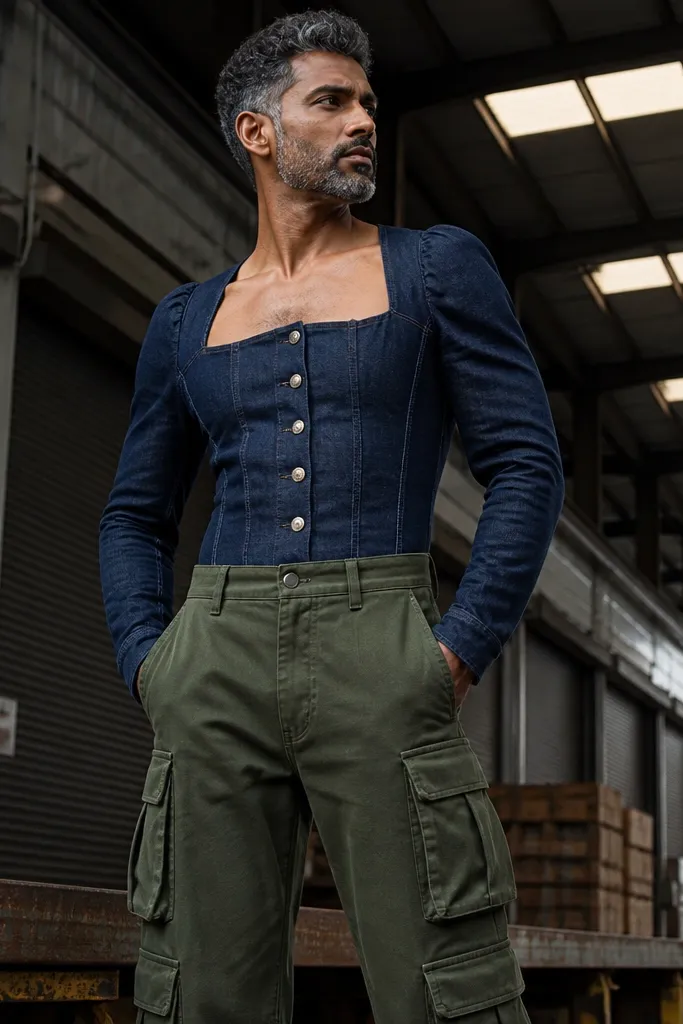 Dark denim corset button top with high-rise cargo pants and black boots