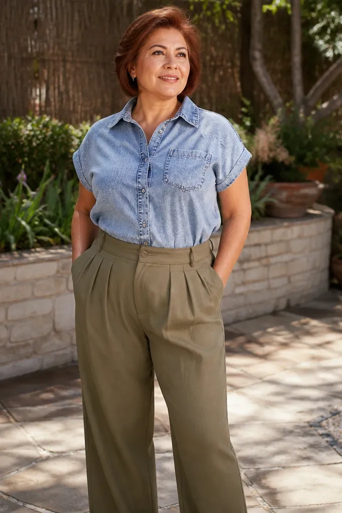 Stone-wash denim short-sleeve shirt with olive pleated trousers and tan sandals