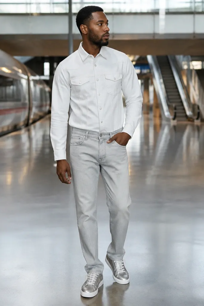 White denim button-up with light gray jeans and silver sneakers