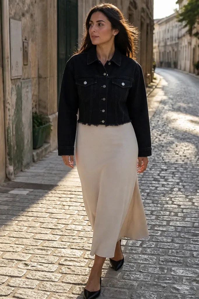Black denim crop jacket with beige midi skirt and pointed flats