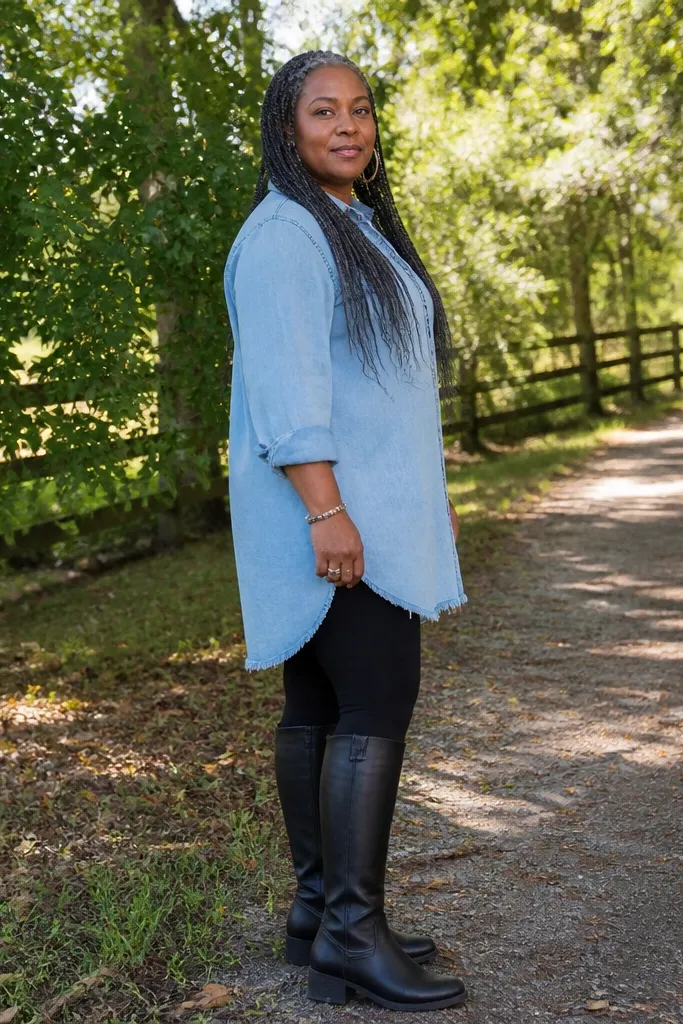 Light-wash denim tunic shirt with black leggings and tall boots