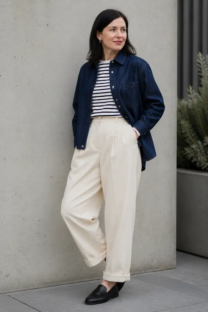 Dark denim overshirt over striped tee with cream chinos and dark sneakers