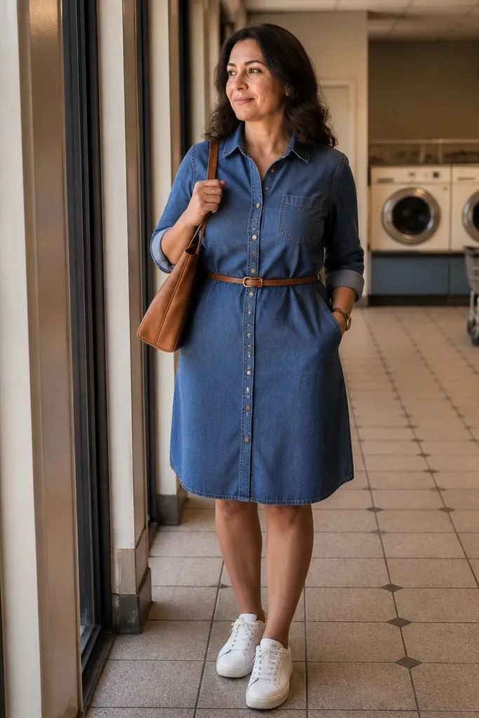 Denim shirt dress with a thin leather belt and white sneakers
