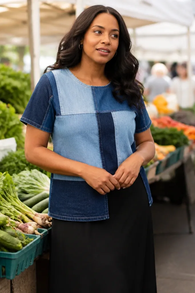 Patchwork denim top with black midi skirt and black heels